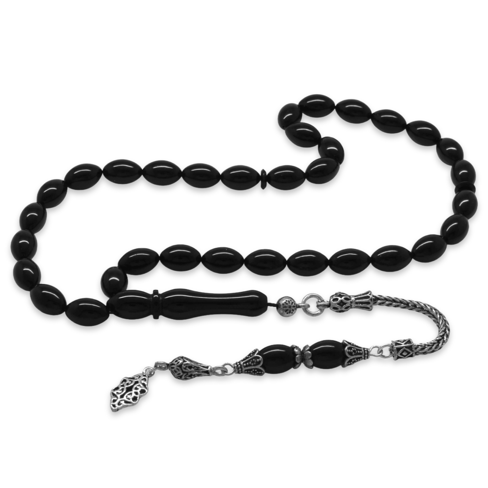 925 Ayar Gümüş Püsküllü Arpa Kesim Siyah Sıkma Kehribar Tesbih - 4