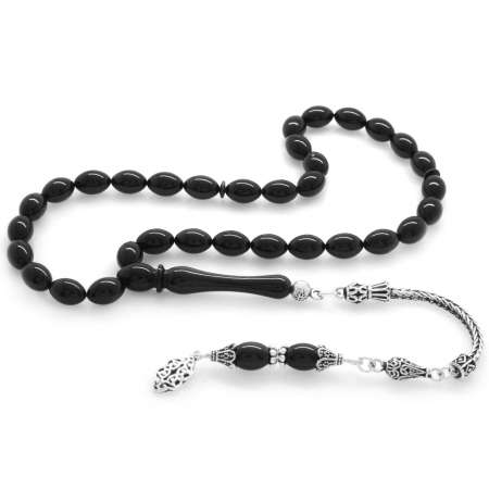 925 Ayar Gümüş Püsküllü Arpa Kesim Siyah Sıkma Kehribar Tesbih - Tesbihane