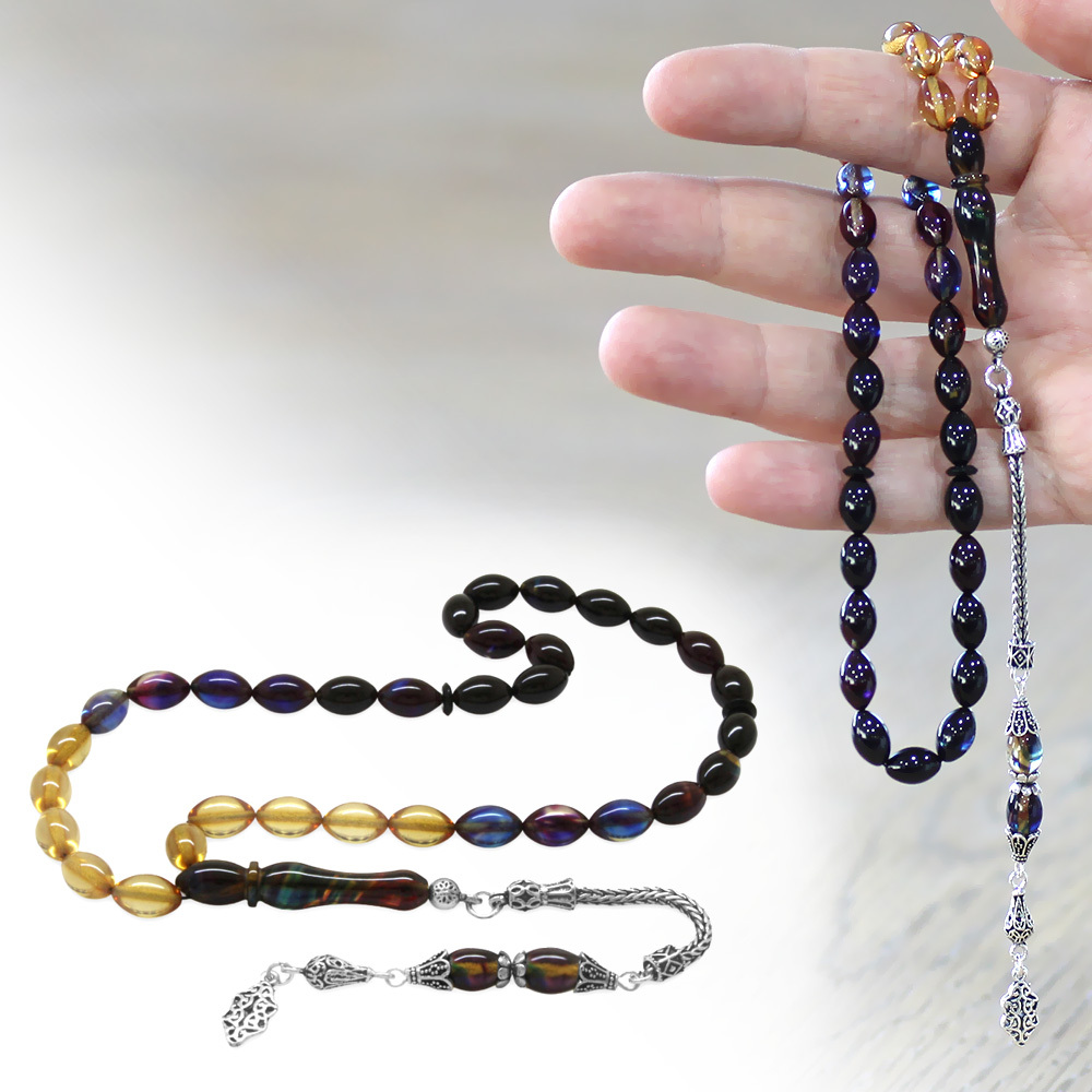 925 Ayar Gümüş Püsküllü Arpa Kesim Süzme Bonibon Ateş Kehribar Tesbih - 1