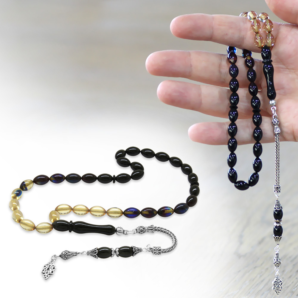 925 Ayar Gümüş Püsküllü Arpa Kesim Süzme Mavi Beyaz Ateş Kehribar Tesbih - 1