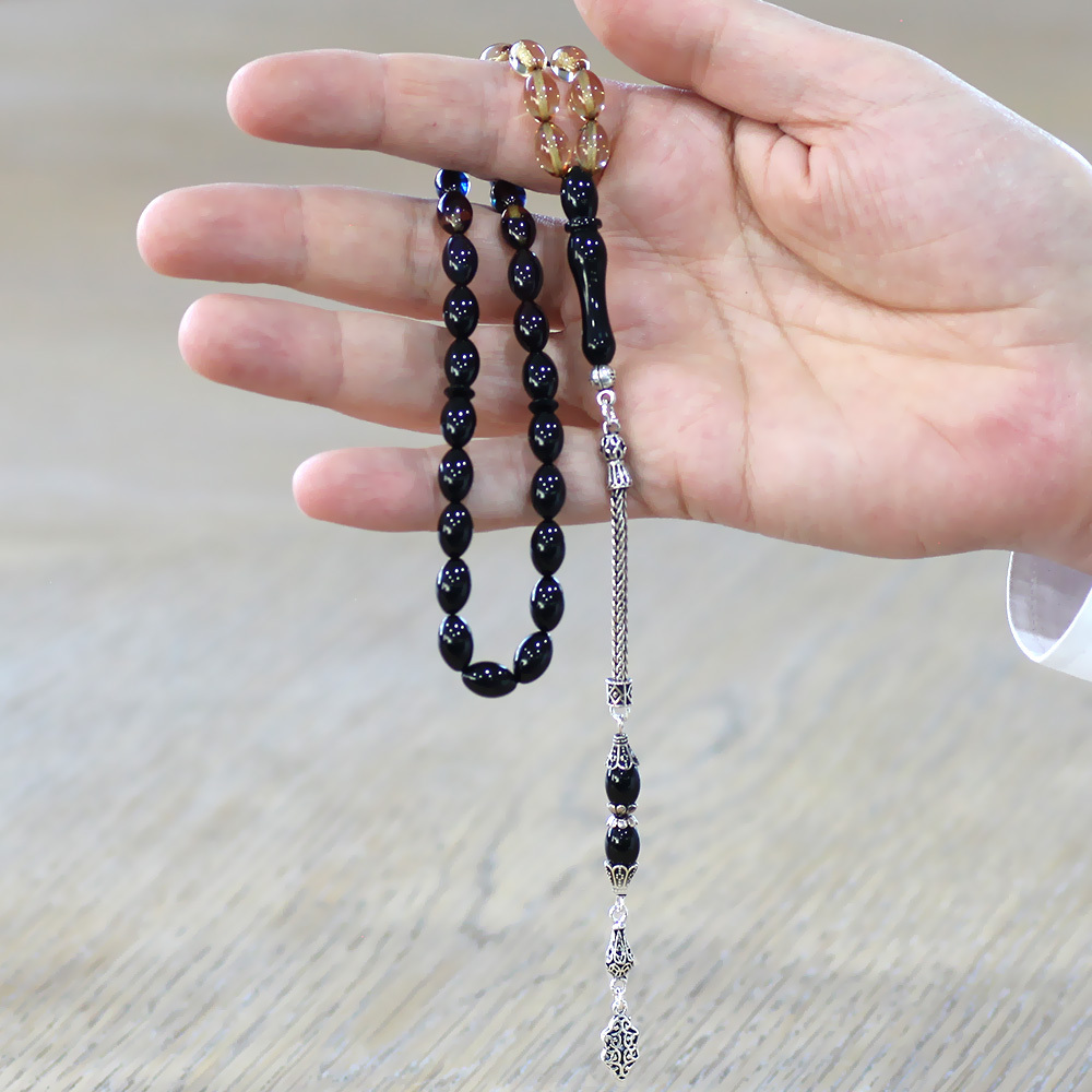 925 Ayar Gümüş Püsküllü Arpa Kesim Süzme Mavi Beyaz Ateş Kehribar Tesbih - 2