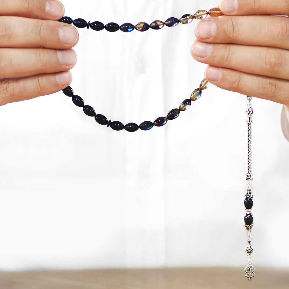 925 Ayar Gümüş Püsküllü Arpa Kesim Süzme Mavi Beyaz Ateş Kehribar Tesbih - 3