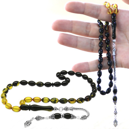 925 Ayar Gümüş Püsküllü Arpa Kesim Süzme Sarı Siyah Ateş Kehribar Tesbih - Tesbihane