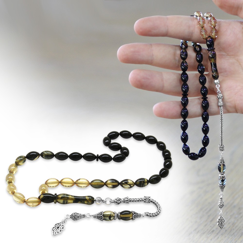 925 Ayar Gümüş Püsküllü Arpa Kesim Süzme Siyah Beyaz Ateş Kehribar Tesbih - 1