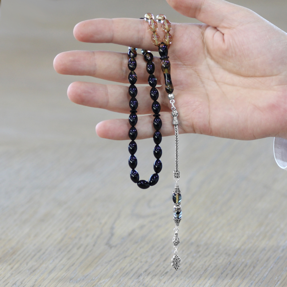 925 Ayar Gümüş Püsküllü Arpa Kesim Süzme Siyah Beyaz Ateş Kehribar Tesbih - 2