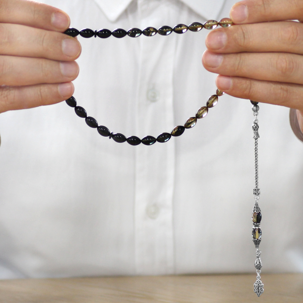 925 Ayar Gümüş Püsküllü Arpa Kesim Süzme Siyah Beyaz Ateş Kehribar Tesbih - 3