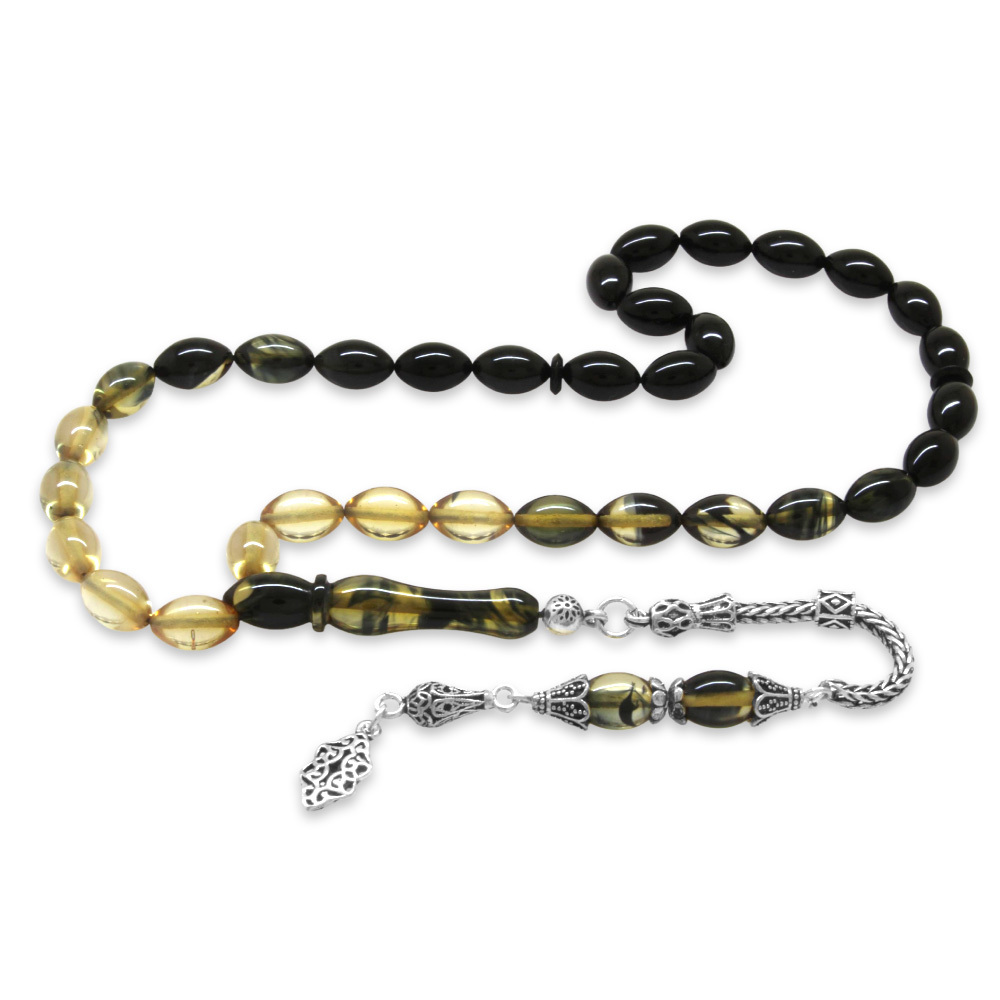 925 Ayar Gümüş Püsküllü Arpa Kesim Süzme Siyah Beyaz Ateş Kehribar Tesbih - 4