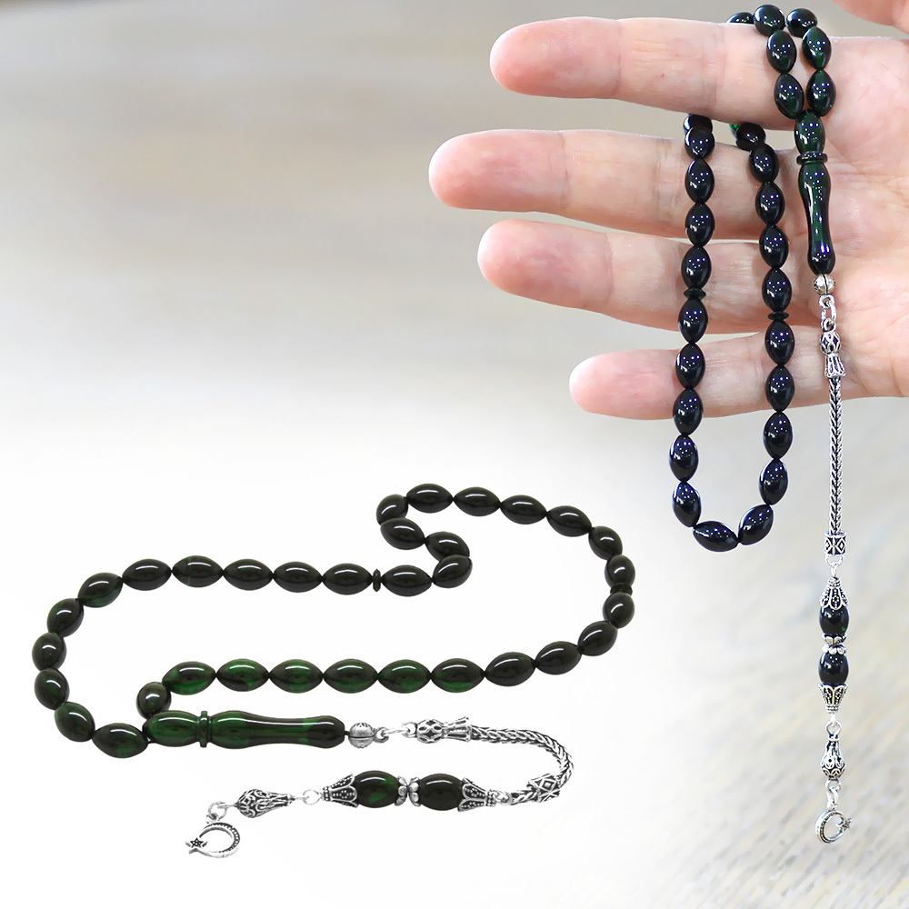 925 Ayar Gümüş Püsküllü Arpa Kesim Süzme Yeşil Siyah Ateş Kehribar Tesbih - 1