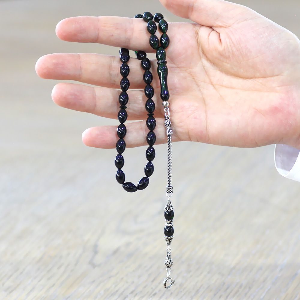 925 Ayar Gümüş Püsküllü Arpa Kesim Süzme Yeşil Siyah Ateş Kehribar Tesbih - 2