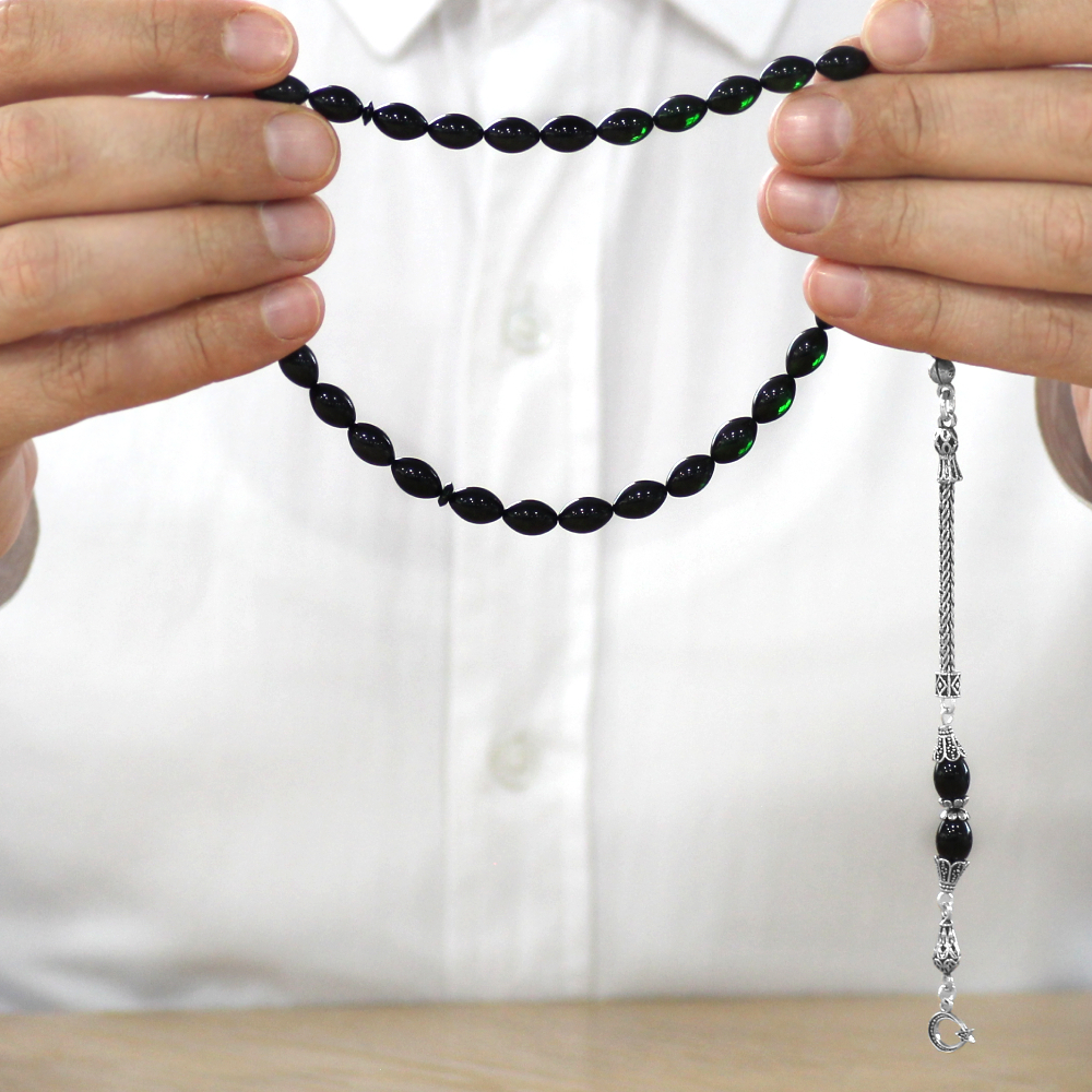 925 Ayar Gümüş Püsküllü Arpa Kesim Süzme Yeşil Siyah Ateş Kehribar Tesbih - 3