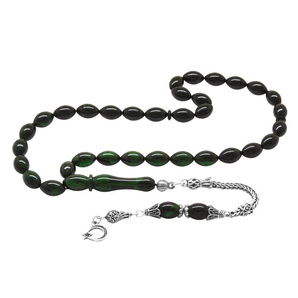 925 Ayar Gümüş Püsküllü Arpa Kesim Süzme Yeşil Siyah Ateş Kehribar Tesbih - 4