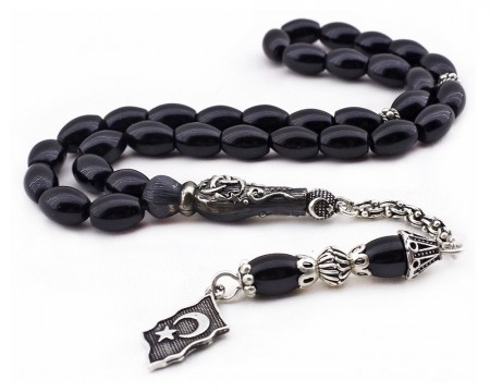 925 Ayar Gümüş Teşkilat-ı Mahsusa İmameli Ayyıldız Oniks Doğaltaş Tesbih - Tesbihane