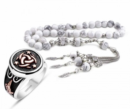 925 Ayar Gümüş Teşkilat-ı Mahsusa Yüzüğü ve Havlit Doğaltaş Tesbih Kombini - Tesbihane