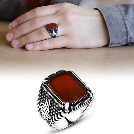 Tuğra İşlemeli Kırmızı Dörtgen Akik Taşlı 925 Ayar Gümüş Erkek Yüzük - Tesbihane