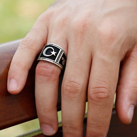 925 Ayar Gümüş Tuğra Detaylı Ay Yıldız İşlemeli Yüzük (Model-5) - Tesbihane