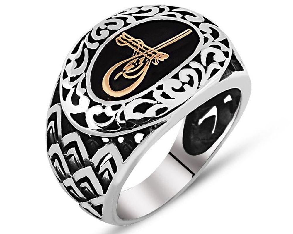 925 Ayar Gümüş Tuğra İşlemeli Oval Yüzük - 3