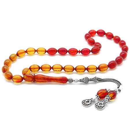 925 Ayar Gümüş Tuğra Püsküllü Arpa Kesim Sarı-Kırmızı Ateş Kehribar Tesbih - Tesbihane