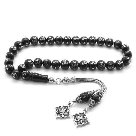 925 Ayar Gümüş Tuğra Püsküllü Gümüş 3 Hilal İşlemeli Küre Kesim Rus Oltu Tesbih - Tesbihane