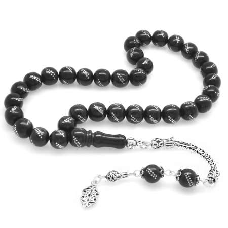 925 Ayar Gümüş Tuğra Püsküllü Gümüş İşlemeli Küre Kesim Rus Oltu Tesbih - Tesbihane