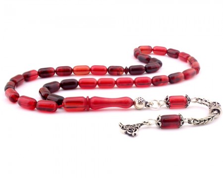 925 Ayar Gümüş Tuğra Püsküllü Kapsül Kesim Kırmızı Sıkma Kehribar Tesbih - Tesbihane