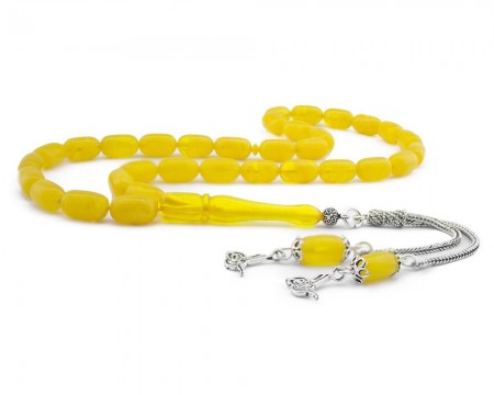 925 Ayar Gümüş Tuğra Püsküllü Kapsül Kesim Sarı Sıkma Kehribar Tesbih - Tesbihane