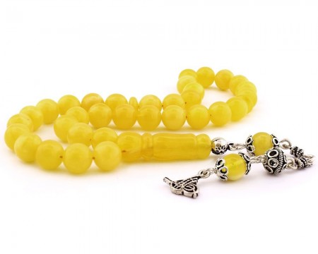 925 Ayar Gümüş Tuğra Püsküllü Küre Kesim Damla Kehribar Tesbih - Tesbihane