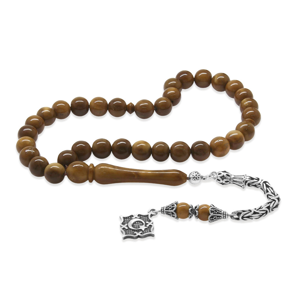 Kuka Tesbih - 925 Ayar Gümüş Kral Püsküllü - Kahverengi - Küre Kesim - 4