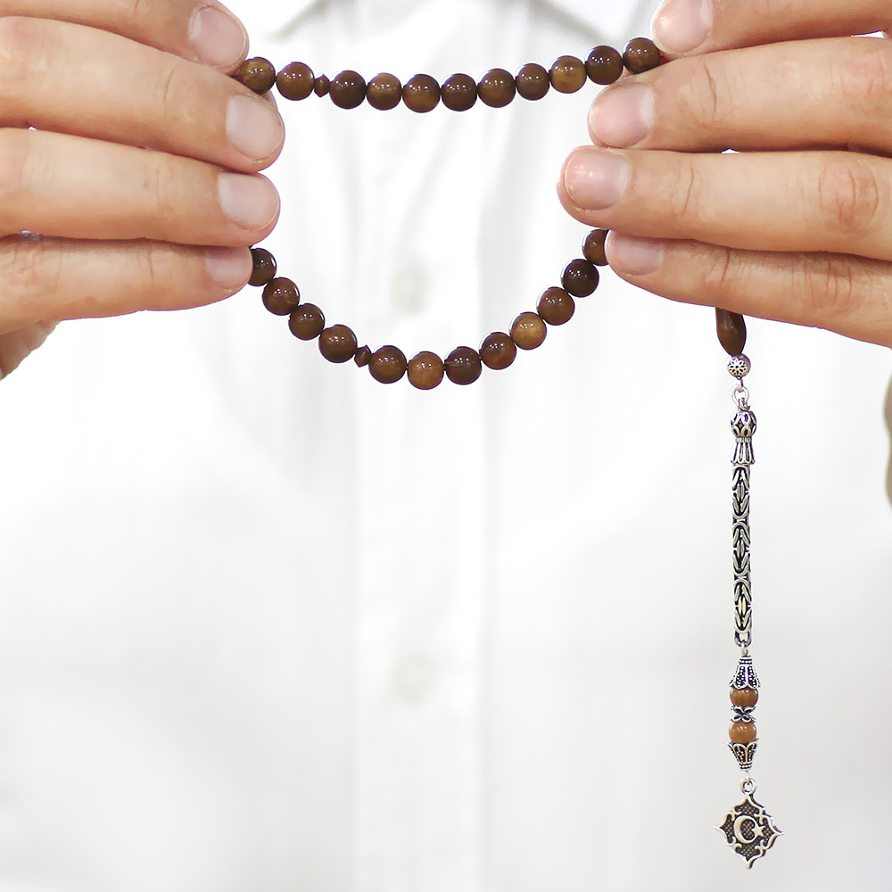 Kuka Tesbih - 925 Ayar Gümüş Kral Püsküllü - Kahverengi - Küre Kesim - 3