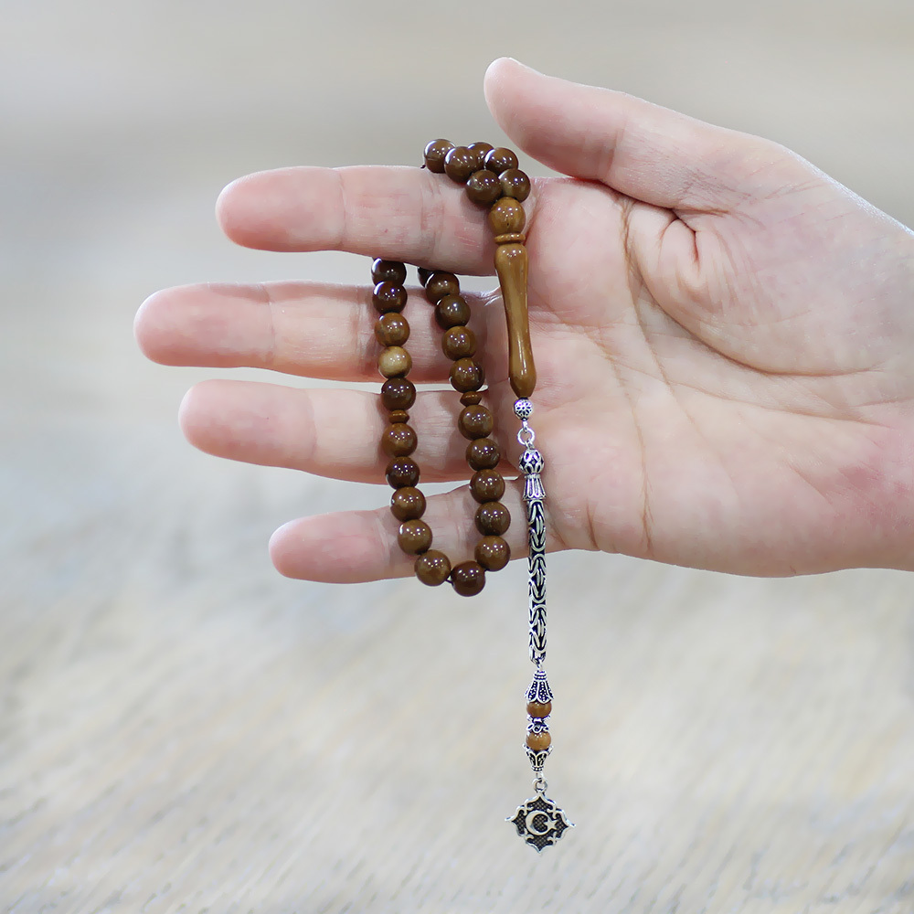 Kuka Tesbih - 925 Ayar Gümüş Kral Püsküllü - Kahverengi - Küre Kesim - 2