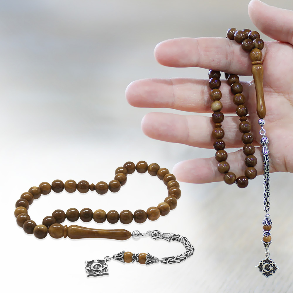 Kuka Tesbih - 925 Ayar Gümüş Kral Püsküllü - Kahverengi - Küre Kesim - 1