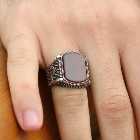 925 Ayar Gümüş Tuğralı Akik Taşlı Yüzük - Tesbihane