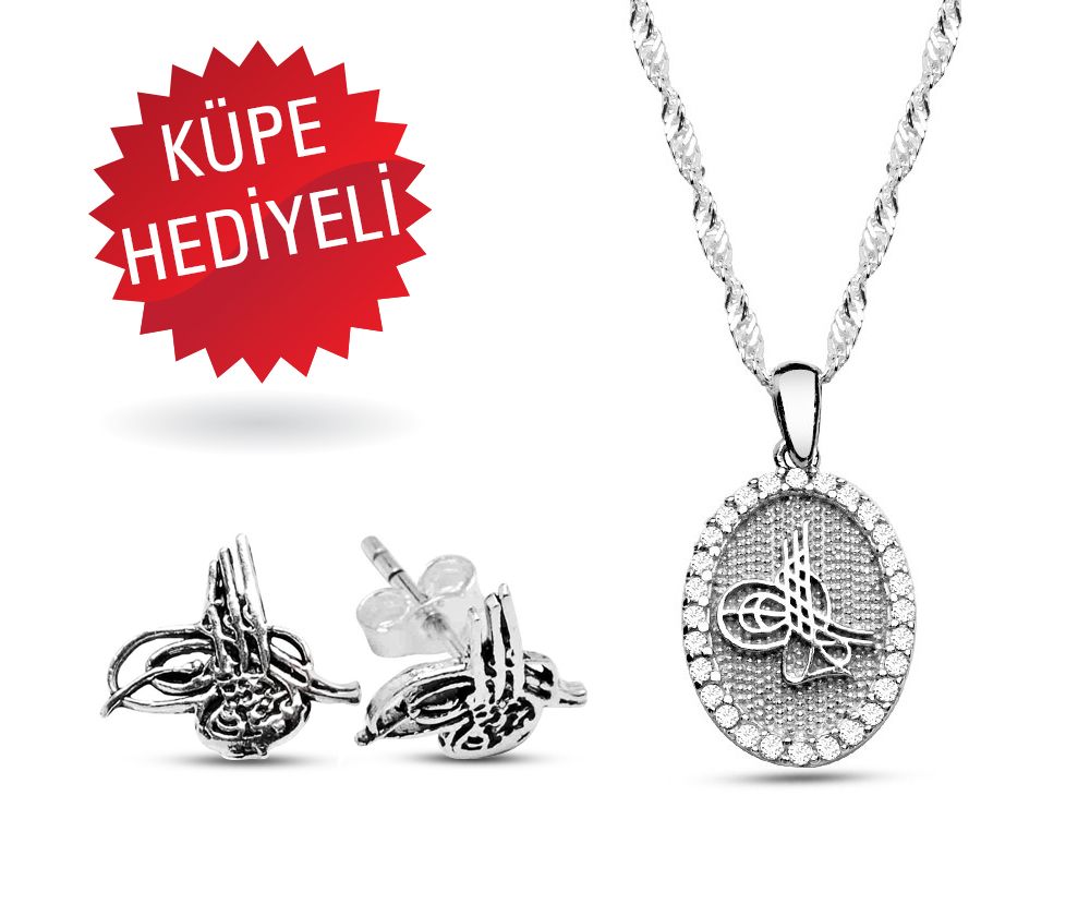 925 Ayar Gümüş Tuğralı Kolye ve Küpe Seti - 1