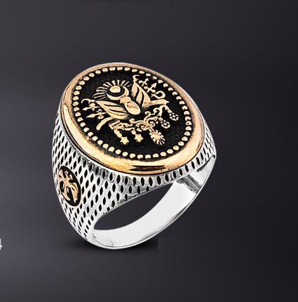 925 Ayar Gümüş Tuğralı Oval Yüzük - 1