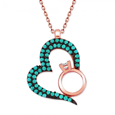 925 Ayar Gümüş Turkuaz  Kalp Tektaş Tasarım Kolye - Tesbihane