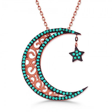 925 Ayar Gümüş Turkuaz Taşlı Ay Tasarım Kolye(model 3) - Tesbihane