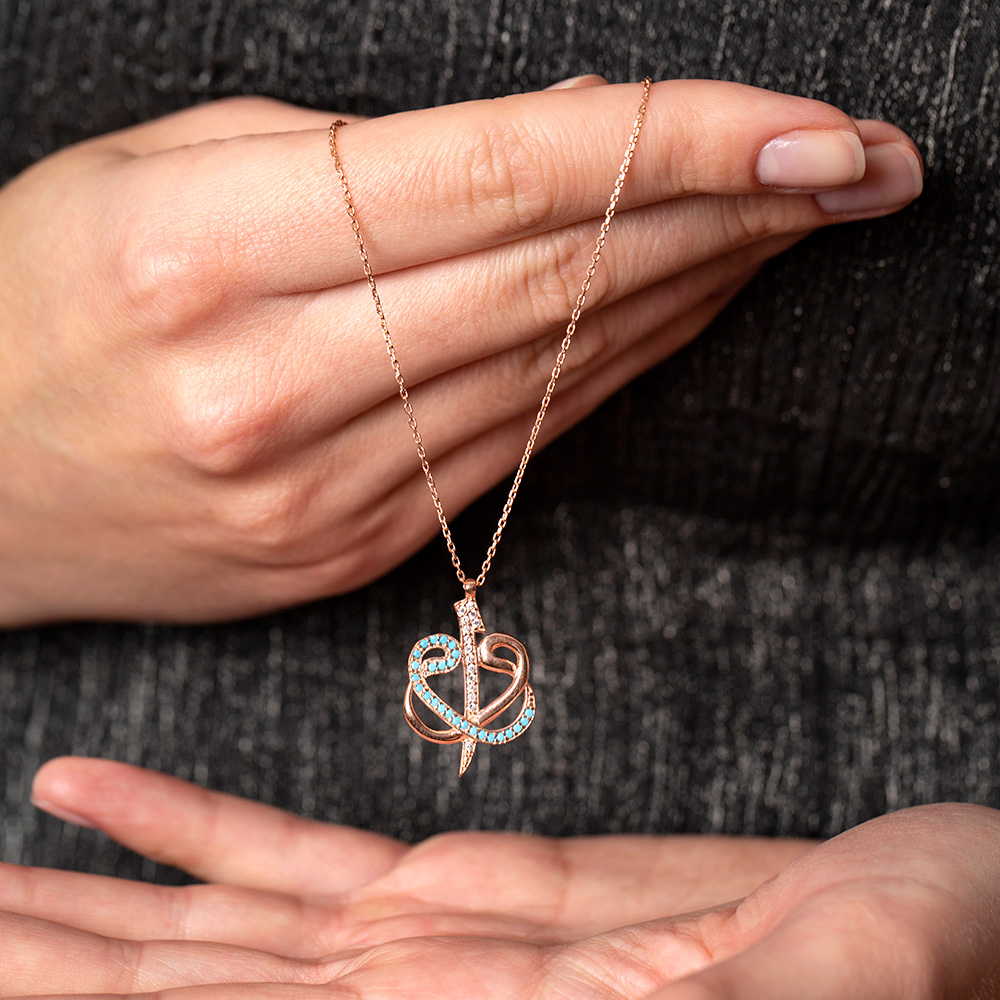 Mavi Beyaz Zirkon Taşlı Çift Elif Vav 925 Ayar Gümüş Bayan Kolye - 5