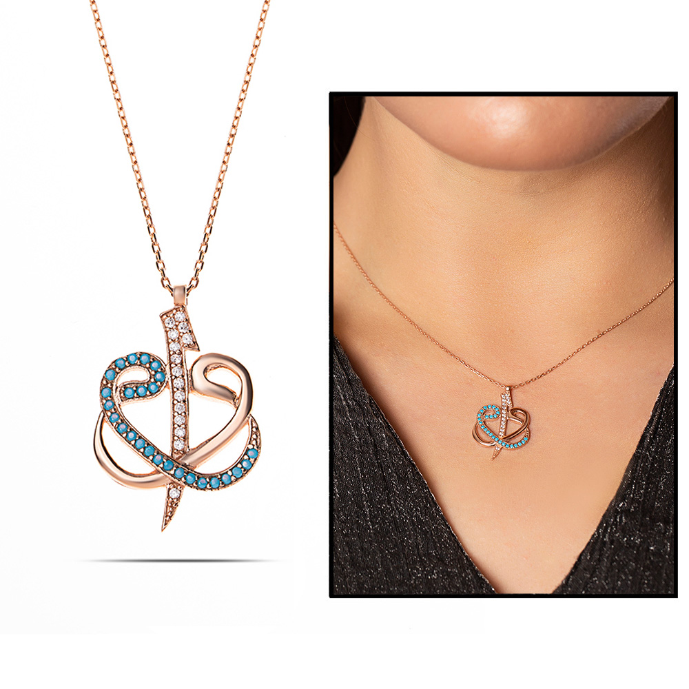 Mavi Beyaz Zirkon Taşlı Çift Elif Vav 925 Ayar Gümüş Bayan Kolye - 2