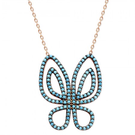 925 Ayar Gümüş Turkuaz Taşlı Kelebek Model Kolye - Tesbihane