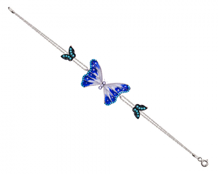 925 Ayar Gümüş Turkuaz Taşlı Mavi Beyaz Mineli Kelebek Bileklik - Tesbihane