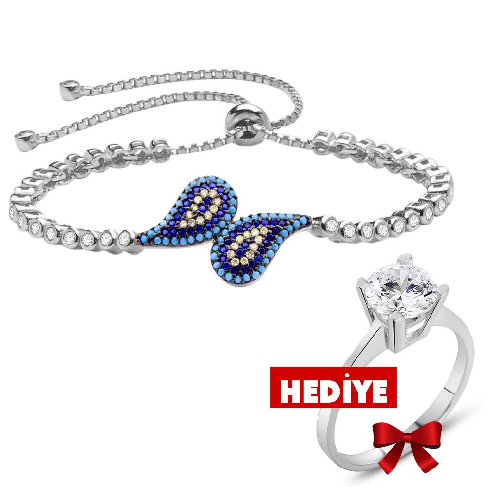 925 Ayar Gümüş Turkuaz Taşlı Nazar Bileklik (Hediyeli) - 1