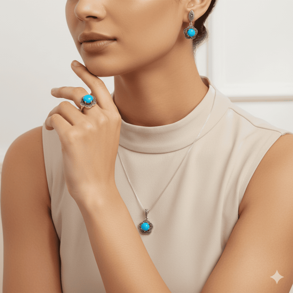 Turkuaz Doğaltaşlı Çiçek Tasarım 925 Ayar Gümüş 3 lü Takı Seti - 1