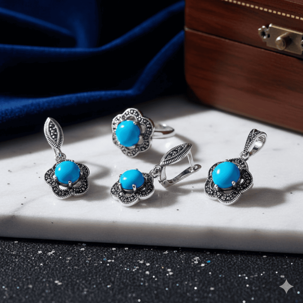 Turkuaz Doğaltaşlı Çiçek Tasarım 925 Ayar Gümüş 3 lü Takı Seti - 2