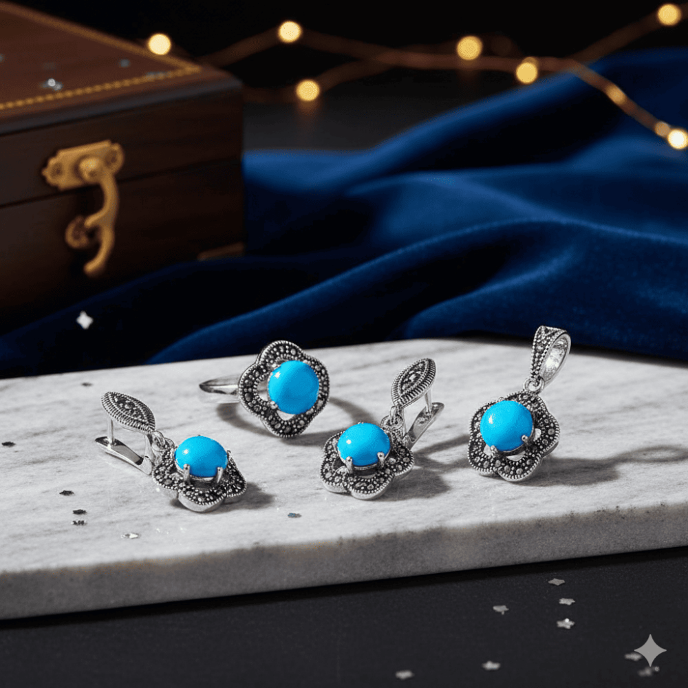Turkuaz Doğaltaşlı Çiçek Tasarım 925 Ayar Gümüş 3 lü Takı Seti - 3
