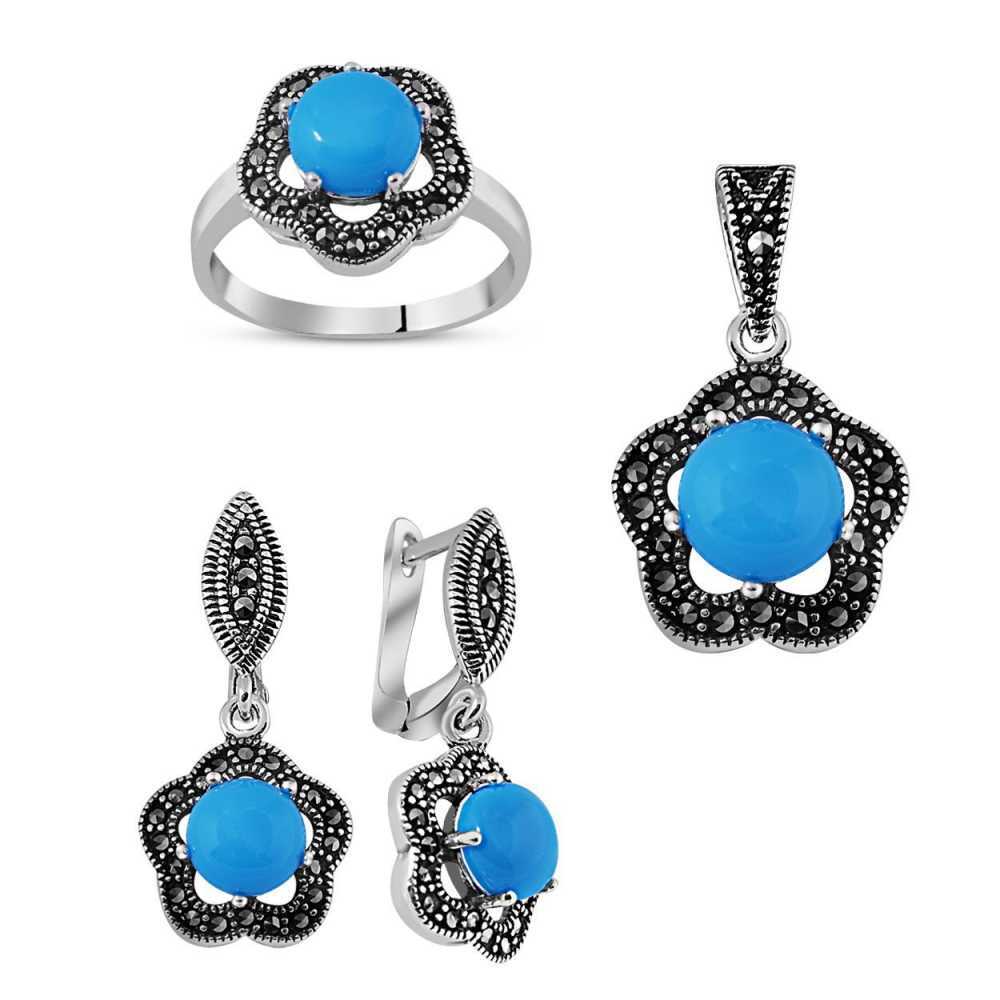 Turkuaz Doğaltaşlı Çiçek Tasarım 925 Ayar Gümüş 3 lü Takı Seti - 7