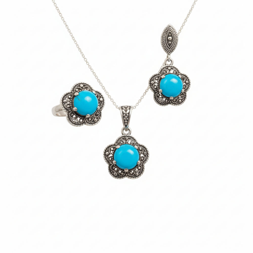 Turkuaz Doğaltaşlı Çiçek Tasarım 925 Ayar Gümüş 3 lü Takı Seti - 6