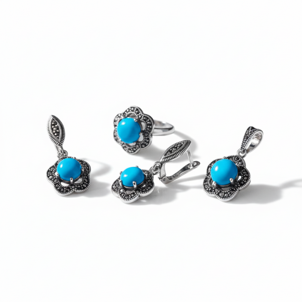 Turkuaz Doğaltaşlı Çiçek Tasarım 925 Ayar Gümüş 3 lü Takı Seti - 5