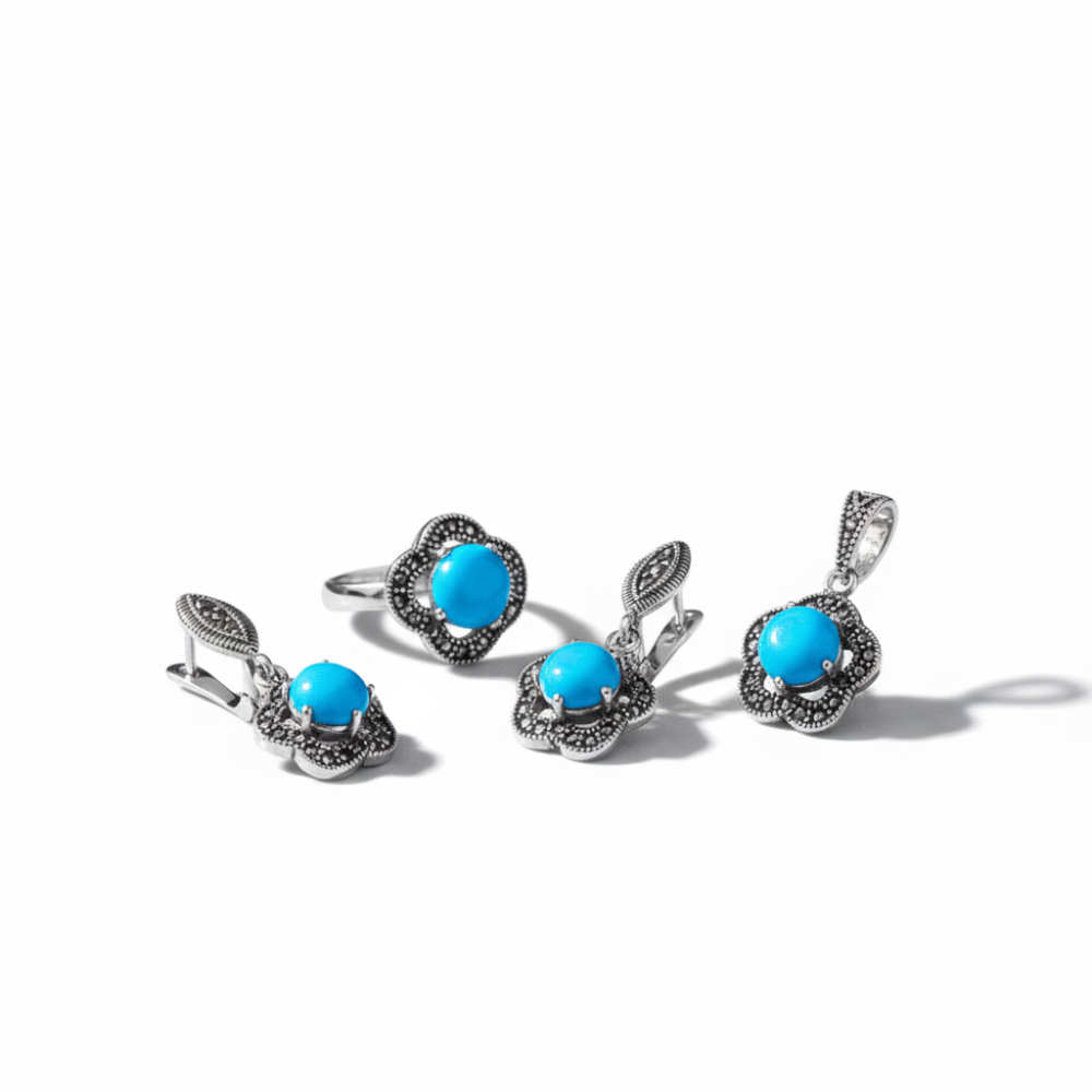 Turkuaz Doğaltaşlı Çiçek Tasarım 925 Ayar Gümüş 3 lü Takı Seti - 4