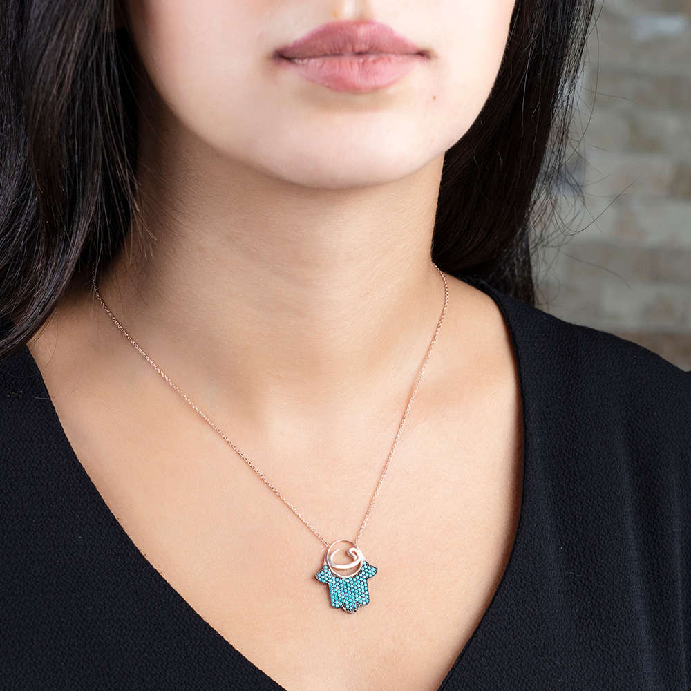 Turkuaz Zirkon Taşlı Fatma Ana Eli Tasarım 925 Ayar Gümüş Bayan Kolye - 2