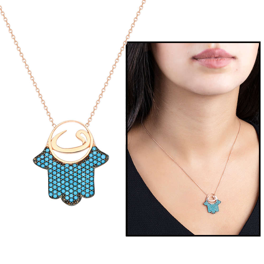 Turkuaz Zirkon Taşlı Fatma Ana Eli Tasarım 925 Ayar Gümüş Bayan Kolye - 1