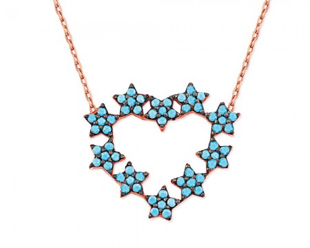 925 Ayar Gümüş Turkuaz Yıldız Tasarım Kalp Kolye - Tesbihane